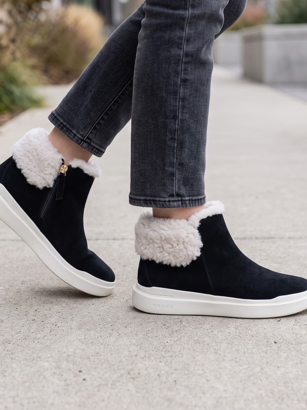 Cole Haan GrandPrø Rally Waterproof Bootie Size 7.5 B Black Suede Fur NWOB